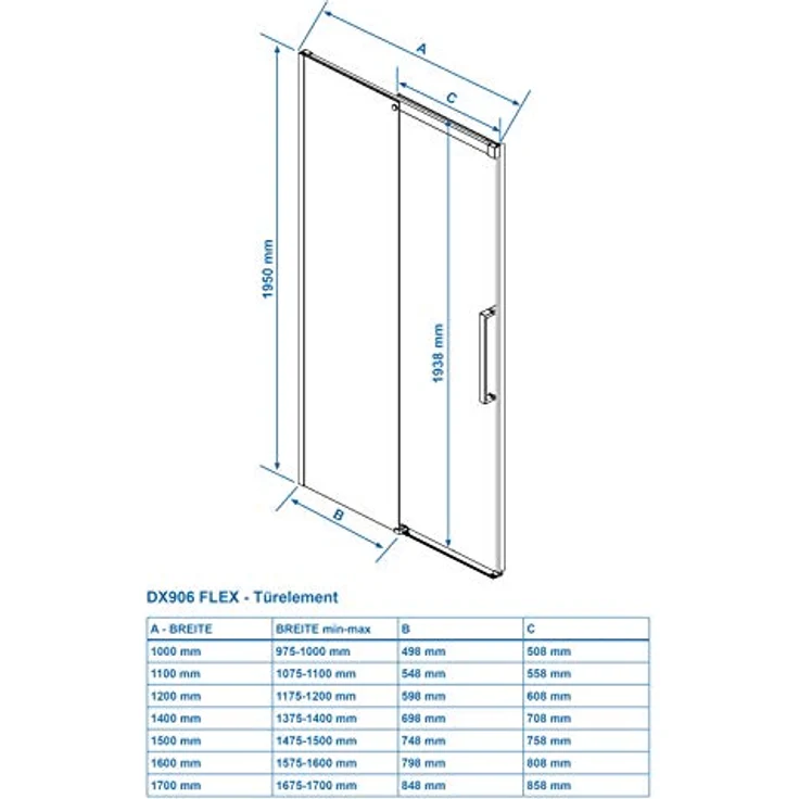 NEXTREND Nischendusche DX906 FLEX, Schiebetür mit Soft-Close-Technik, 8 mm Nano Echtglas, Breite wählbar, Chrom, Höhe: 195 cm – Bild 7