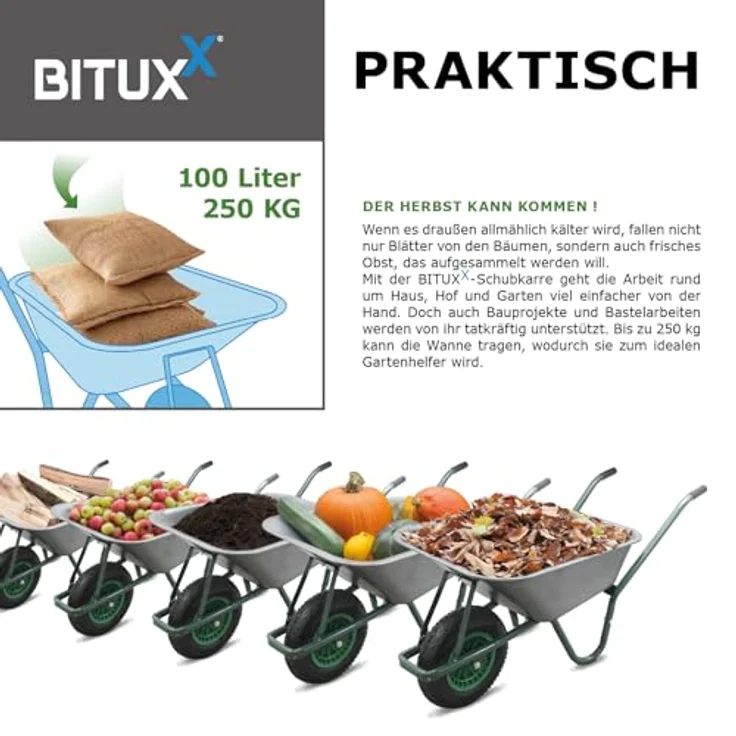 BITUXX® Schubkarre 100L, verzinkt mit Luftreifen und nadelgelagerter Achse, max. Zuladung 250kg – Bild 5