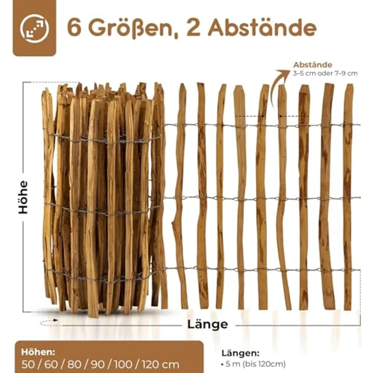 BooGardi Staketenzaun Holz, 50cm hoch aus Haselnuss, 50cm x 5m, Lattenabstand 7-9cm, imprägnierter Holzzaun für Garten und Teich – Bild 3