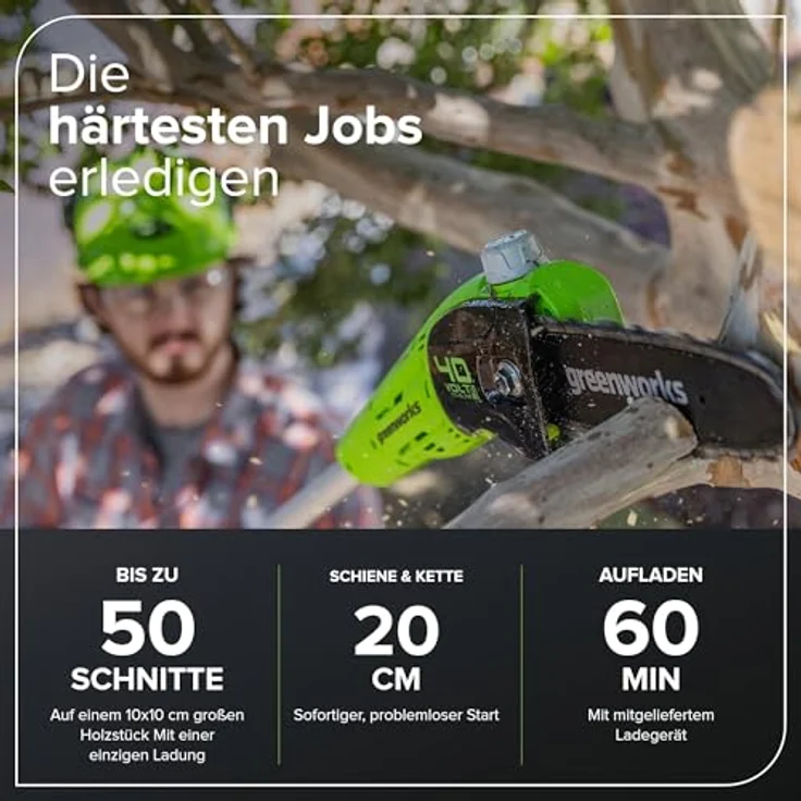 Greenworks Tools Akku-Hochentaster G40PSFK2 (Li-Ion 40V 20cm Schwertlänge 8 m-s Kettengeschwindigkeit Alustange 3-teilig inklusive 2 Ah Akku und Ladegerät) – Bild 4