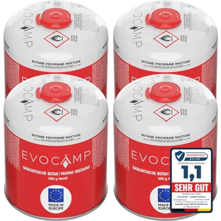 EVOCAMP 4x Propan Butan Gaskartuschen 450g, Schraubkartuschen mit Sicherheits-Verschlussautomatik für Weber Grills Q100/1000-Serie, Eurogewinde 7/16" – Bild 1