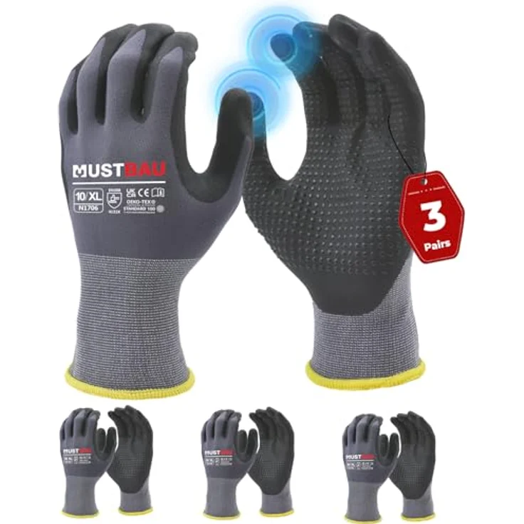 Mustbau Arbeitshandschuhe Schwarz mit Touchscreen und Nitril Beschichtung, Gr. XL, 3 Paare - Zertifiziert nach EN 388 – Bild 1