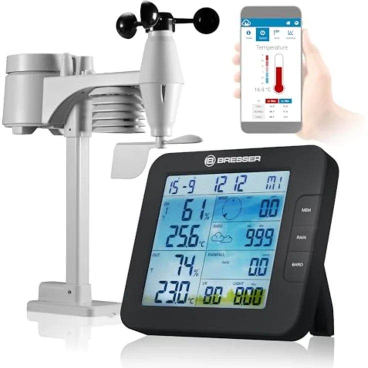 Bresser ClimateConnect, Smarte Wetterstation mit 7-in-1 Außensensor, Alexa & Google Home kompatibel, schwarz – Bild 1