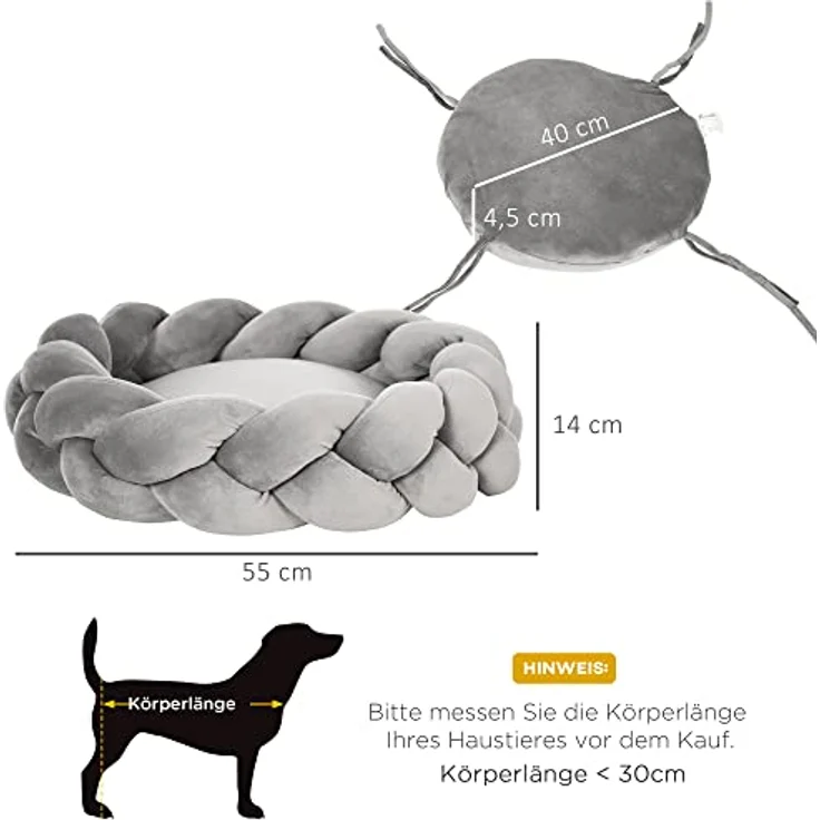 Pawhut Katzenbett waschbar, Hundebett, Hundekissen, Haustierbett, Katzenschlafplatz, Tiermatte, Hundesofa, Donut Kissen für kleine Hunde und Kätzchen, Samt, Ø60 x 18 cm, Grau – Bild 3