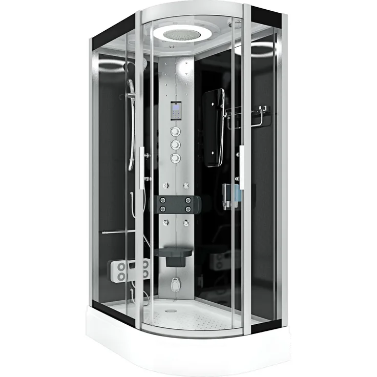 AcquaVapore Komplettdusche Dusche Duschkabine D60-73T1R Schwarz 80x120, Sicherheitsglas ESG, inklusive Duschwanne, Höhenverstellbar, Mit Bauanleitung, Mit Beleuchtung, Mit Spiegel, Gehä