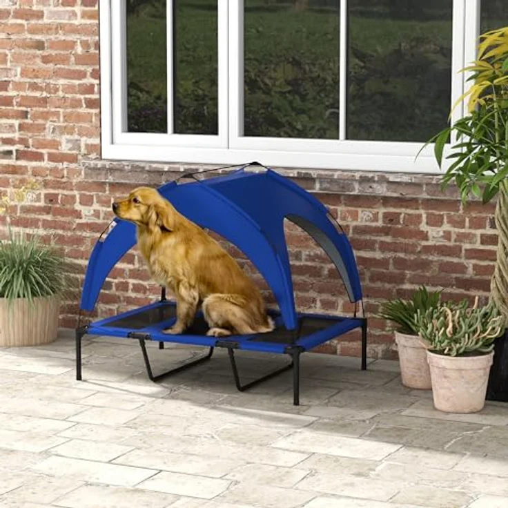 PawHut Erhöhtes Hundebett mit Baldachin, Haustierbett, Outdoor Hundeliege mit Dach, Atmungsaktiv, für große Hunde Dunkelblau Oxford 106 x 76 x 94 cm – Bild 2