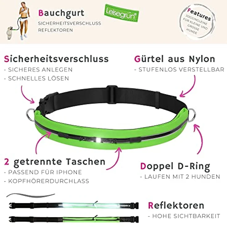 Leisegrün Joggingleine für große Hunde | Freihandleine zum Joggen mit Bauchgurt und Ruckdämpfer | Länge 125 cm bis 175 cm | Farbe: Schwarz – Bild 4