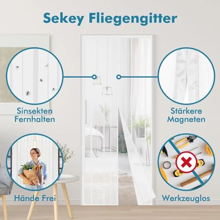 Sekey Magnet Fliegengitter Balkontür 110x220cm, Insektenschutz ohne Bohren, weiß, für Schiebetüren – Bild 2