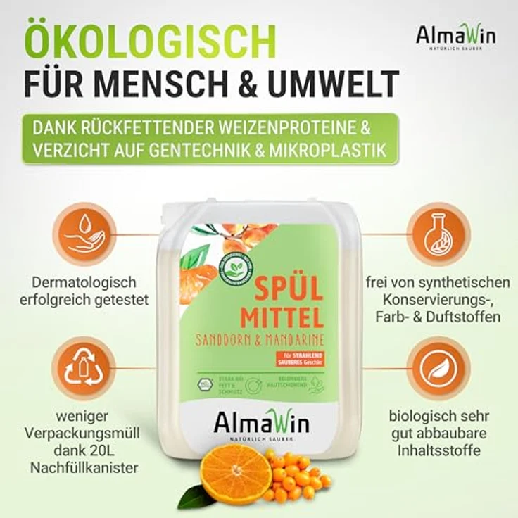 Almawin Geschirrspülmittel Sanddorn Mandarine, 20L, öko-zertifiziert, hautmild mit Sanddorn-Extrakt und Weizenproteinen – Bild 5