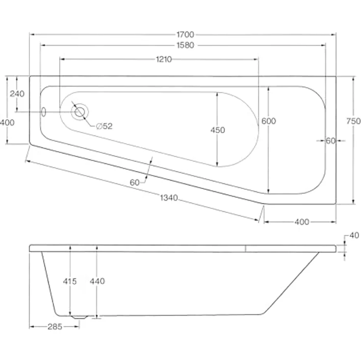 Schulte Raumsparbadewanne Riva, Version rechts, Weiß Sanitäracryl, 170x75 cm, inkl. Fußgestell und Ab- und Überlauf – Bild 3