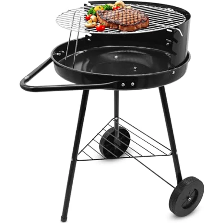 Spetebo BBQ Grillwagen, mobiler Holzkohle Standgrill mit verstellbarem Edelstahl-Rost, 68 x 42 cm, schwarz/silber, mit Rädern und Windschutz für Camping und Garten – Bild 1