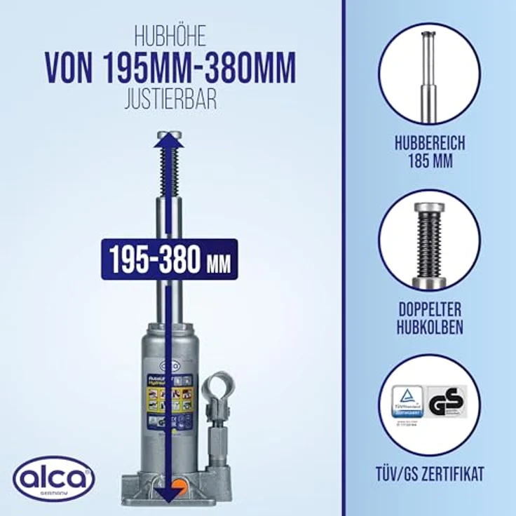 alca® hydraulischer Wagenheber 3t mit U-Adapter, Stempelwagenheber aus Stahl, Hubhöhe 195–380 mm, stabiler Autoheber für PKW, SUV, Transporter, silber-graue Optik, schont empfindliche Fahrzeugteile – Bild 2