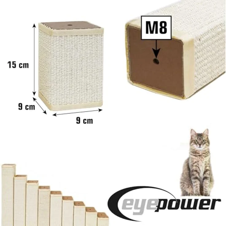 EYEPOWER M8 Sisalstamm für Kratzbaum, 15 cm Eckig, 9 x 9 cm, 100% Sisal, stabile Kratzsäule für Katzen – Bild 4