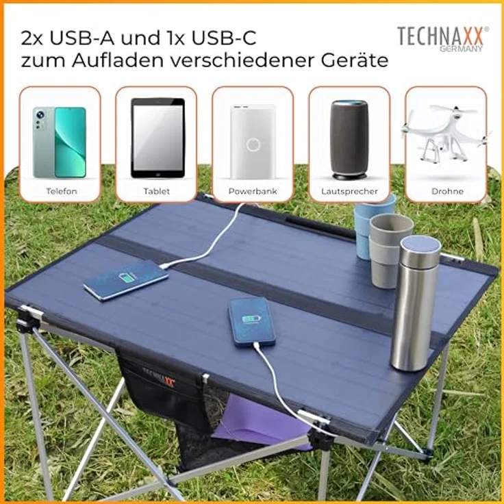 Technaxx 60W klappbarer Solar-Campingtisch TX-252, Monocrystalline Solarpanel-Ladegerät mit 3xUSB-Ladeanschlüssen, DC-Ausgang, Robustes Design - Ideal für Camping und Outdoor – Bild 4
