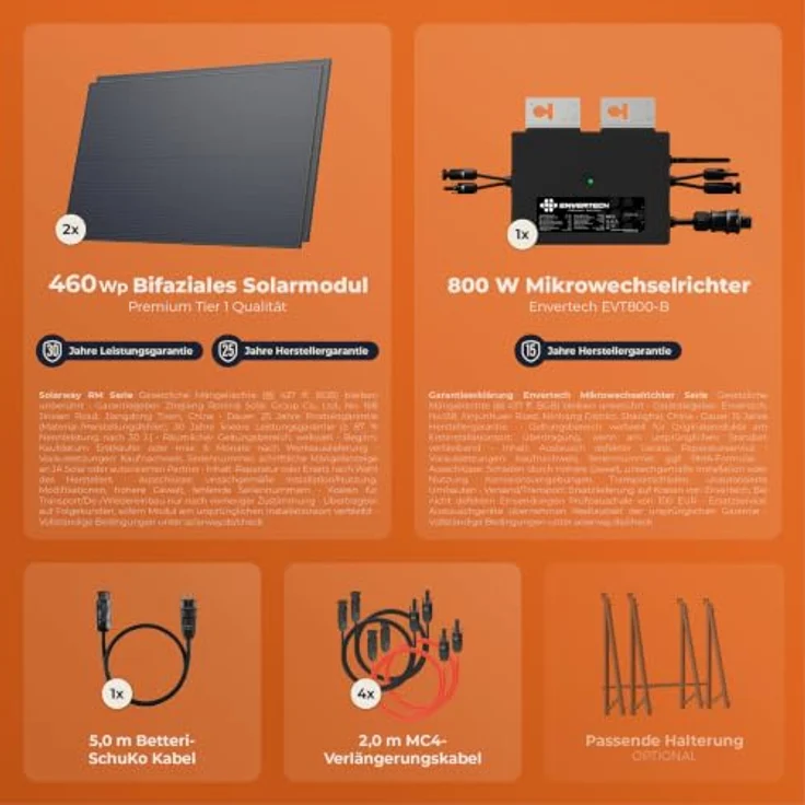 Solarway Balkonkraftwerk 800W, Komplettset mit 2x 440Wp Black Frame Solarmodulen und Envertech Wechselrichter – Bild 5