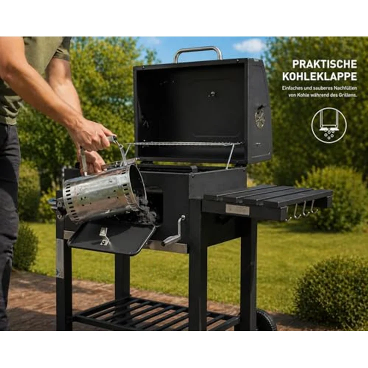 Strattore Holzkohlegrill / BBQ XL Grillwagen, schwarz, mit stufenlos verstellbarem Kohleeinsatz – Bild 4