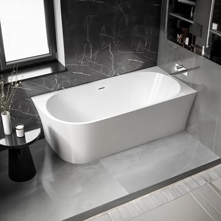 Bernstein NOVA Freistehende Badewanne, Acryl Weiß Glänzend 170x80x60 cm, doppeltwandig mit mittigem Ablauf und Pop-up-Funktion – Bild 2