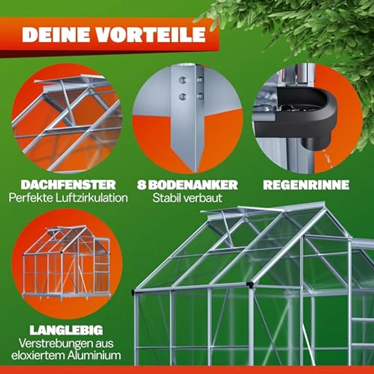GARDEBRUK® Gewächshaus Aluminium 3,6m² mit Fundament 190x190cm, inkl. Dachfenster, stabil für Tomaten- und Pflanzenaufzucht, wetterbeständig, 5,8m³容量 – Bild 2