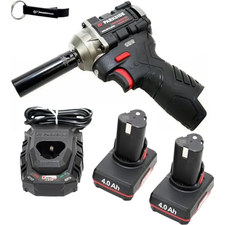 HEADNMORE® Bundle - PARKSIDE PERFORMANCE® 12V ½" Akku Schlagschrauber PPDSSA 12 + Schlüsselanhänger (2x4Ah Akku) mit bürstenlosem Motor und LED-Anzeige