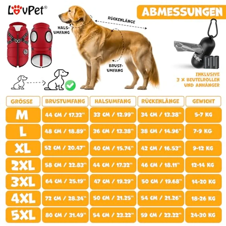 LOVPET® Hundejacke Hundemantel mit Geschirr, gefüttert und wasserdicht, 5XL, Bordeaux Rot, inkl. 45 Kotbeutel + Spender, mit reflektierenden Gurten und D-Ring – Bild 2