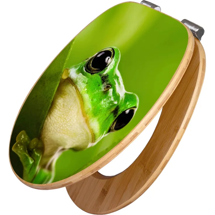 Banjado Bambus Holz WC Sitz, Toilettendeckel mit Absenkautomatik und Froschmotiv, 45,8x37,5 cm, Universal passend für alle WCs