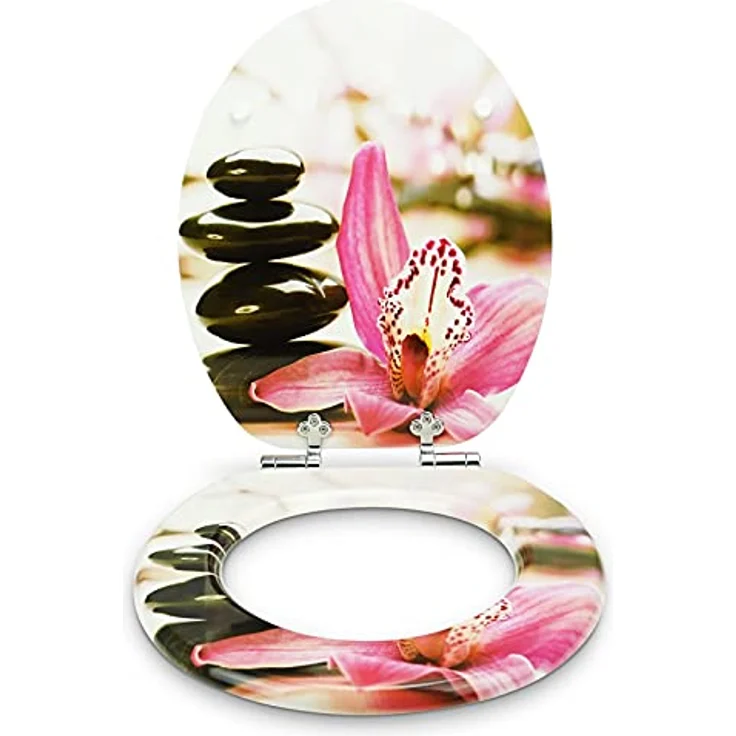 Sanfino WC Sitz Pink Flower, Toilettendeckel aus Holz mit Absenkautomatik und verchromten Metallscharnieren, 43,5 x 37,5 cm – Bild 3