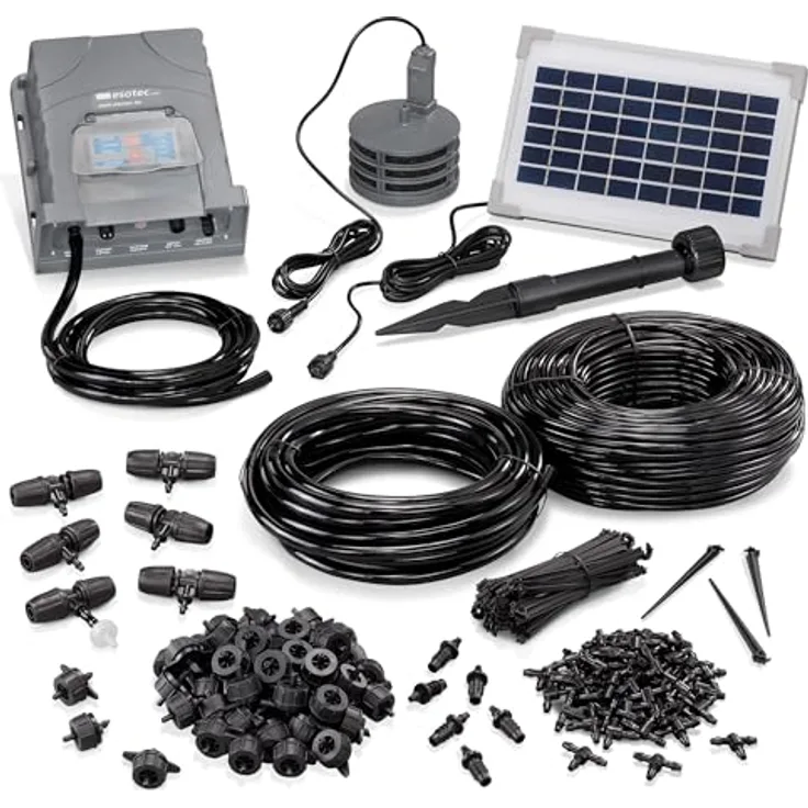 Esotec Solar Bewässerungssystem Kit Waterdrops, automatische Tröpfchenbewässerung für 50 Pflanzen, 48m Schlauch, mehrere Bewässerungsmodi, inklusive Solarmodul und Wasserstandssensor 101120