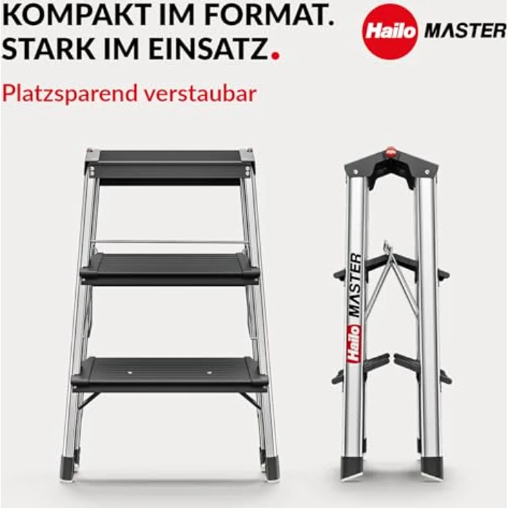 Hailo Master D70 Aluminium Doppelstufen-Trittleiter, beidseitig begehbar, rutschhemmende Stufen, gummierte Füße, 2 x 3 Stufen, EN 14183 geprüft, belastbar bis 150 kg – Bild 5