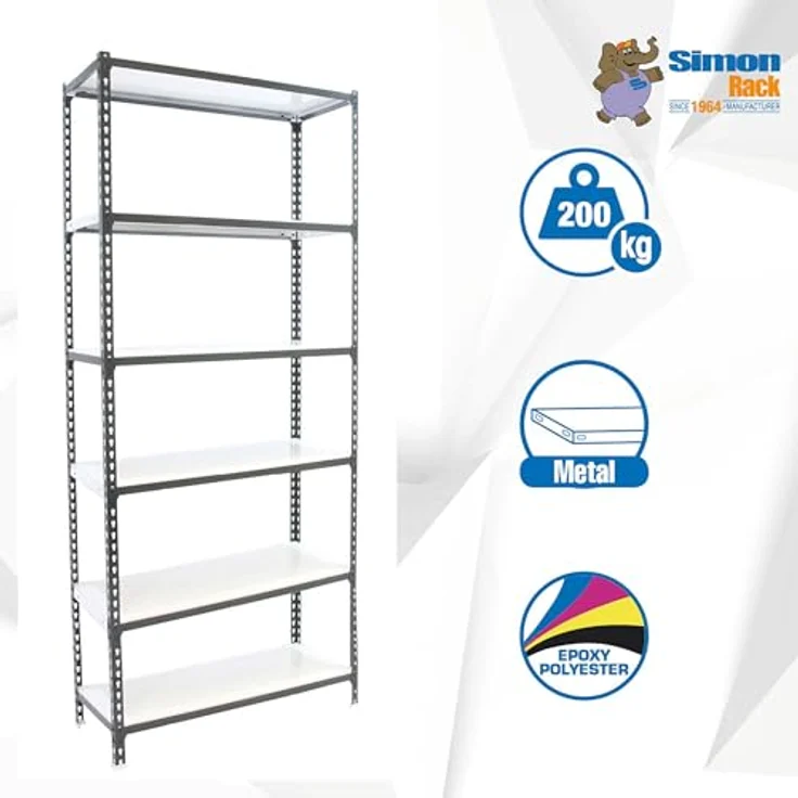 Simonrack Simonclick Metallregal Mega Plus, 250 x 120 x 40 cm, 6 Böden, Traglast 200 kg pro Boden, höhenverstellbar, anthrazit – Bild 2