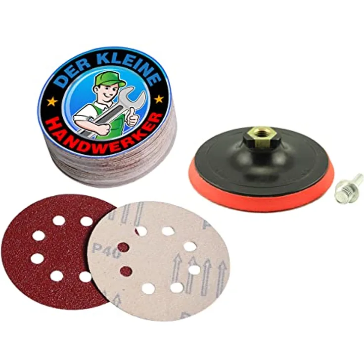 der kleine Handwerker Klett Schleifscheiben Set 50x 125mm + Schleifteller 125mm, 8 Loch, verschiedene Körnungen (K 40/60/80/120/180)