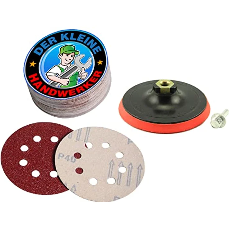 der kleine Handwerker Klett Schleifscheiben Set 50x 125mm + Schleifteller 125mm, 8 Loch, verschiedene Körnungen (K 40/60/80/120/180) – Bild 1