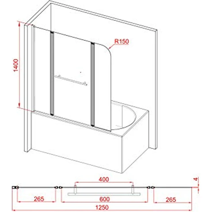 Duschwand CITY 125 x140 cm - 3-teilig faltbar - beidseitig montierbar - 4mm starkes Einscheibensicherheitsglas - matt schwarzes Design – Bild 5