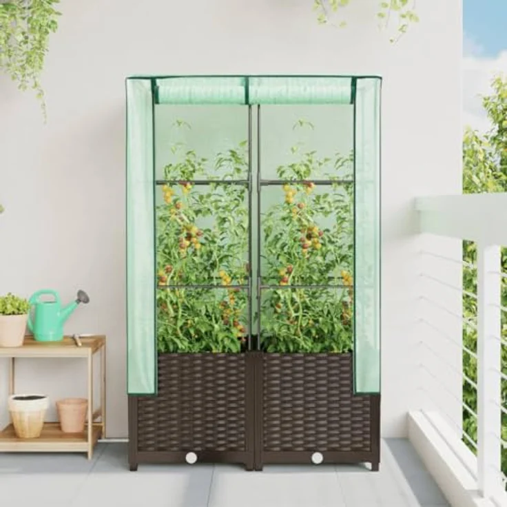 vidaXL Hochbeet Hochbeet mit Gewächshaus-Aufsatz Rattan-Optik 80x40x138 cm, Braun, Stabile Konstruktion, Rattan-Look, Vielseitig einsetzbar – Bild 4