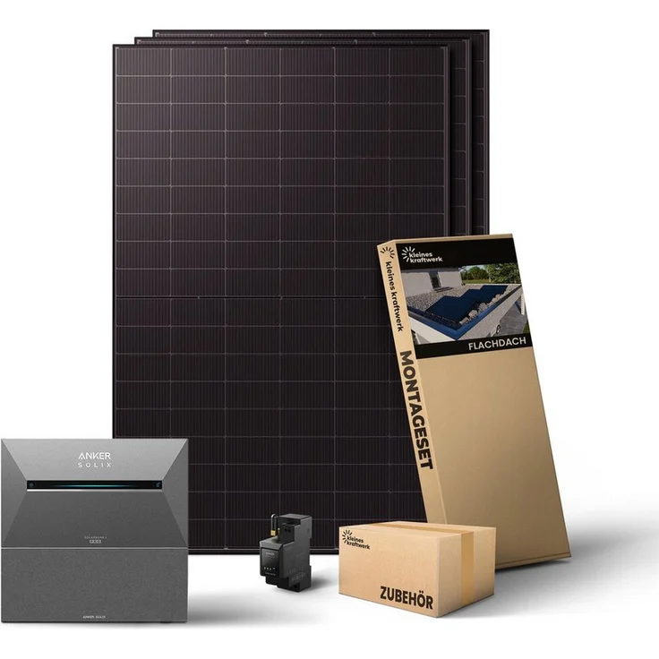 Kleines Kraftwerk Balkonkraftwerk Trio XL, 1500 Wp Solaranlage mit 3 x 500 Wp Monokristallin Modulen, 2,7 kWh Speicher und Anker Solarbank 3 Pro, ideal für Flachdach/Garten