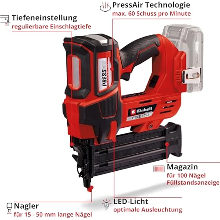 Einhell Professional Akku-Nagler FIXETTO 18/50 N Power X-Change (18V, 60 Schuss/min, max. 50 mm Nagellänge, Tiefeneinstellung, Einzel-/Serienschuss, inkl 500 Nägel, ohne Akku) – Bild 3