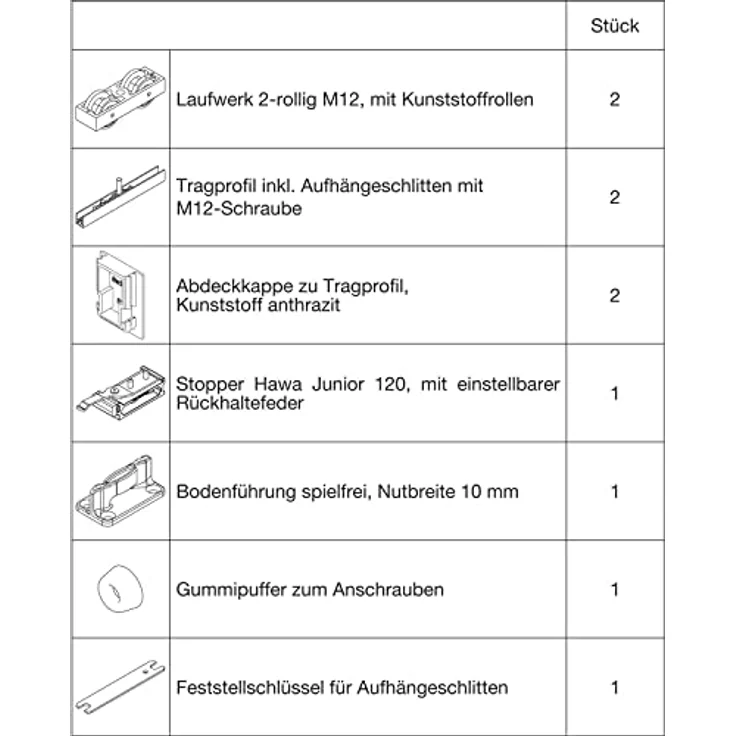 HAWA Junior 120/B Schiebetürbeschlag-Set für Holzschiebetüren, Tragkraft 120kg, inklusive 2 Rollapparate und spielfreier Bodenführung – Bild 1