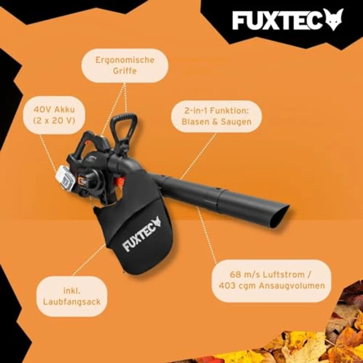 FUXTEC FX-E2LBS 2in1 Akku Laubbläser und -sauger, 40 Volt, 685,1 m³/h, inkl. Laubfangsack, ergonomischer Griff, ohne Akku/Ladegerät – Bild 6