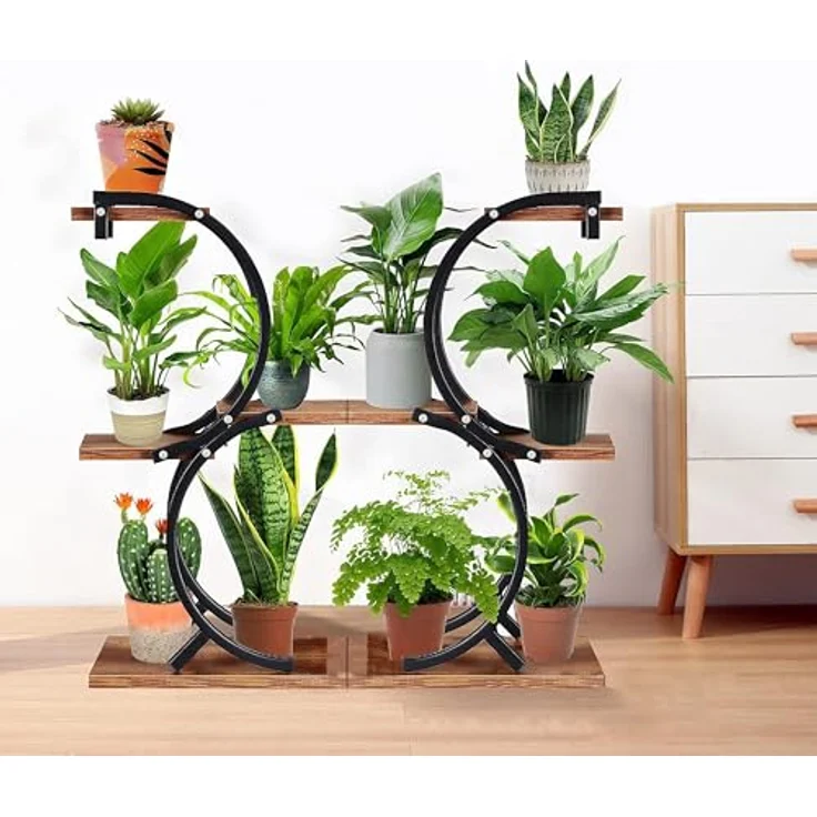 relaxdays Blumenständer Pflanzenständer, Industrial Design aus pulverbeschichtetem Eisen und MDF in Dunkelbraun, für bis zu 5 Pflanztöpfe, schwarz – Bild 3
