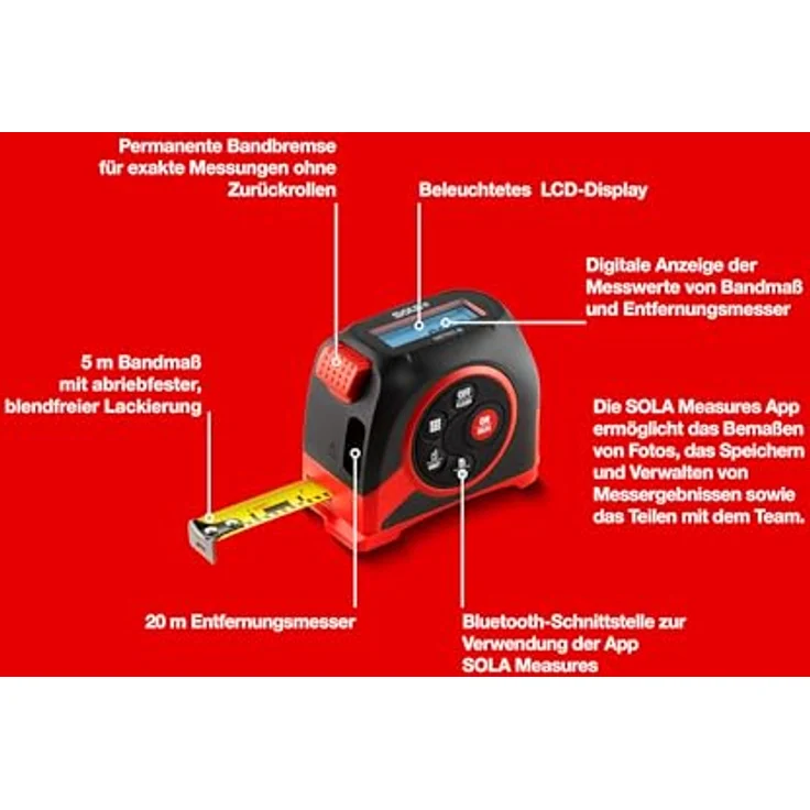 SOLA METEC 2 in 1, Digitales Maßband (5m) und Entfernungsmesser (20m) mit LCD-Anzeige, 7 Messfunktionen, Bluetooth Übertragung zur SOLA Measures App, gelb – Bild 2