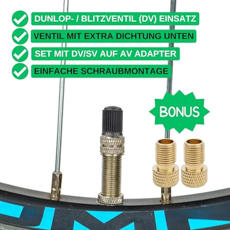 Fahrradventil Ersatz Set, 22-Teile, 4 x Fahrrad Schlauch Blitz-Ventil, inklusive 8 x Ersatz Ventilkappen, 2 x SV-DV auf AV Ventil Adapter, Blitzventil – Bild 3