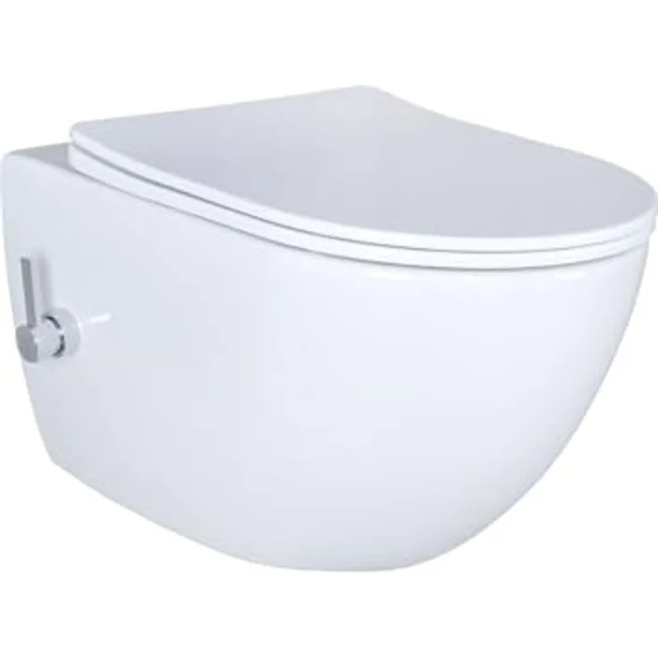 Creavit RIMOFF Wand WC Weiß - spülrandlos mit Absenkautomatik und Edelstahl-Bidet-Düse mit Kaltwasserhebel
