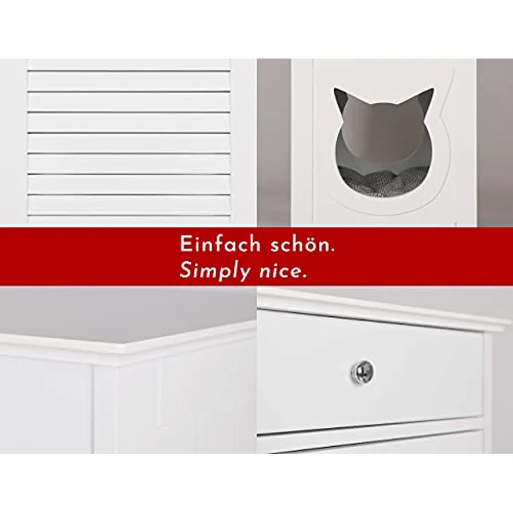 WONDERMAKE® Katzenschrank für Katzentoilette groß hoch aus Holz, Katzenklo-Schrank Kommode mit Schublade und Tür geschlossen, Design Katzen-Haus Toilette Klo XL, 51 x 46 x 96 cm, weiß – Bild 4