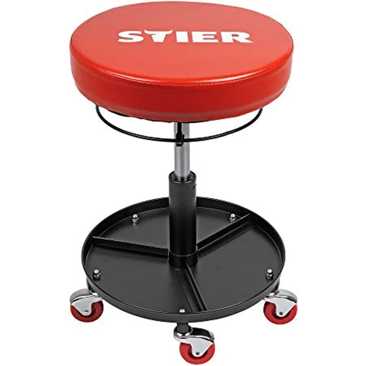 STIER Rollhocker für die Werkstatt, höhenverstellbar 380-510 mm, Drehhocker mit gepolsterter Sitzfläche und 360°-Werkzeugablage, stabile Bauweise, 5 Rollen