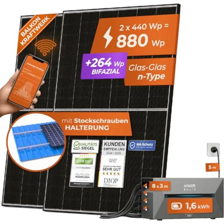 Solarway 880W Balkonkraftwerk 800W komplett Steckdose mit 1,6kWh Anker Solix Speicher - neuester Wechselrichter 800W - 440W bifaziale Solarmodule & Envertech & Anker Speicher & Zubehör, deutsche Ingenieurskunst – Bild 1