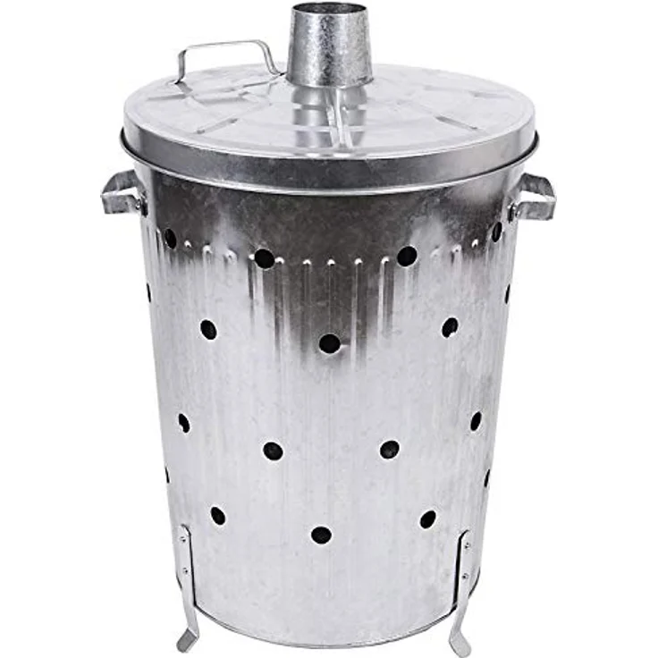 FineHome XL Feuertonne 75 Liter, verzinkte Feuerschale aus Metall, Gartenabfall Verbrennungstonne mit Kamindeckel und stabilen Füßen – Bild 2