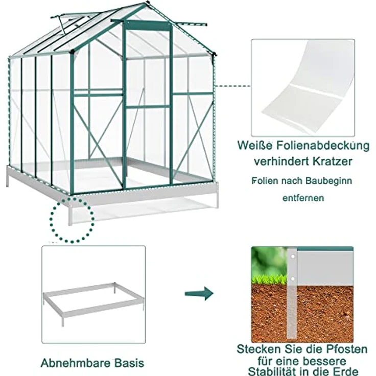 Thanaddo Gewächshaus Aluminium Gewächshaus, Treibhaus Gartenhaus, Pflanzenhaus 4,8m², Grün/Silber, mit großer Schiebetür und Dachfenstern – Bild 4