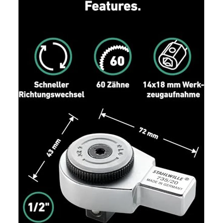 Stahlwille Drehmomentschlüssel Einsteck-Umschaltknarre 1/2", 14 x 18 mm mit präziser Schaftbreite und -länge – Bild 2