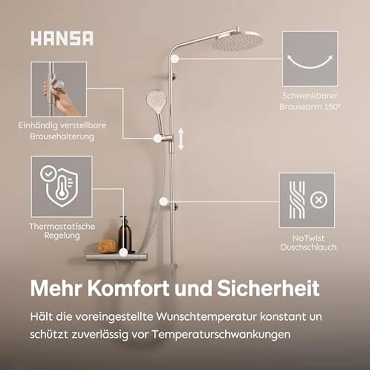Hansa VIVA Regenbrause-Duscharmatur, Duschsystem mit Thermostat, Thermo Cool, MagShelf, Höhe 1190mm, 65159201 – Bild 4