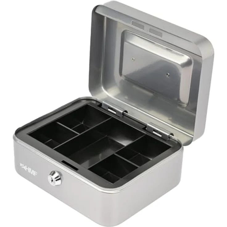 HMF Geldkassette abschließbar, Kasse mit 5 Münzfächern und Tragegriff, Silber, 20 x 16 x 9 cm – Bild 1