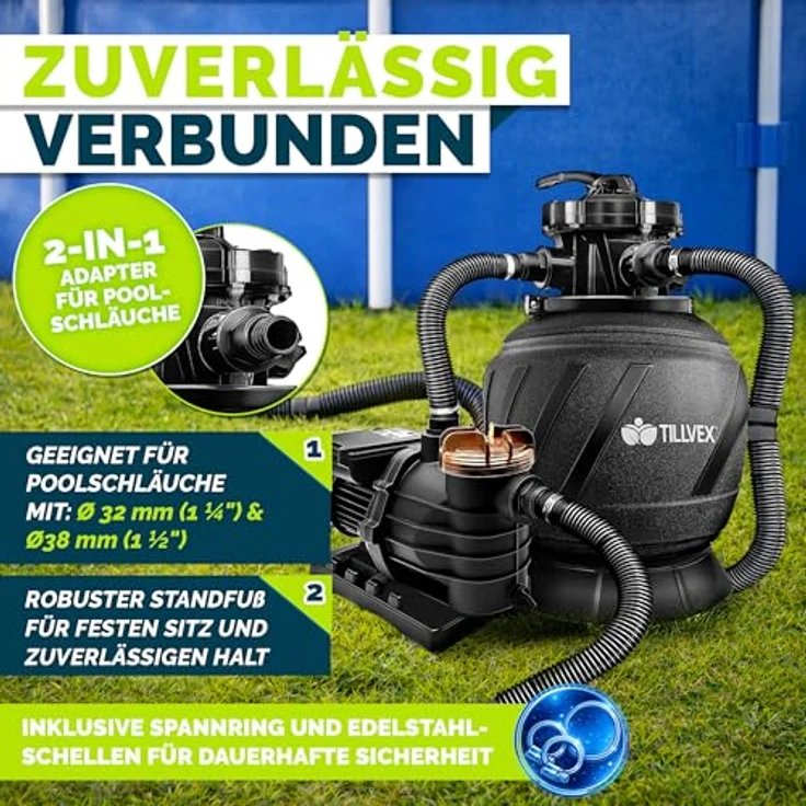 tillvex Sandfilteranlage 13.200L/h mit 1200g Filterbällen, selbstansaugend, 7-Wege Ventil & Adapter Ø32-38mm für Schwimmbecken bis 40.000L – Bild 5